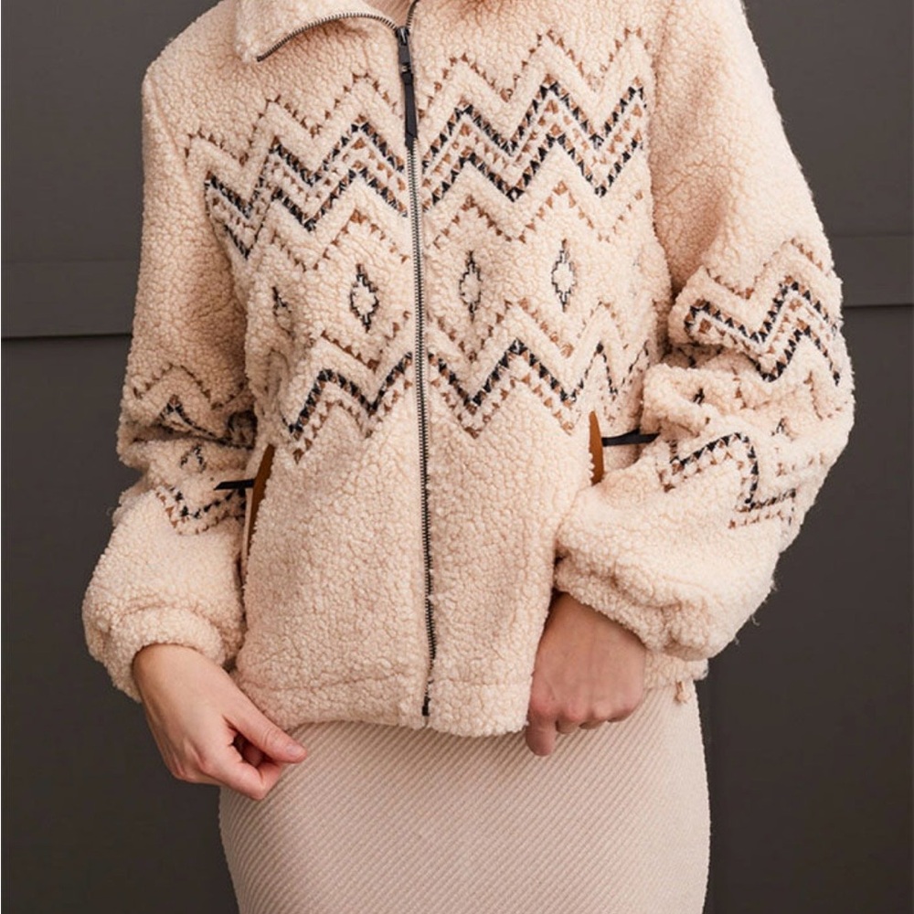 Tribal Latte Faux Shearling Zigzag Zip Front Jacket-model #5637O-5125, Size P/S